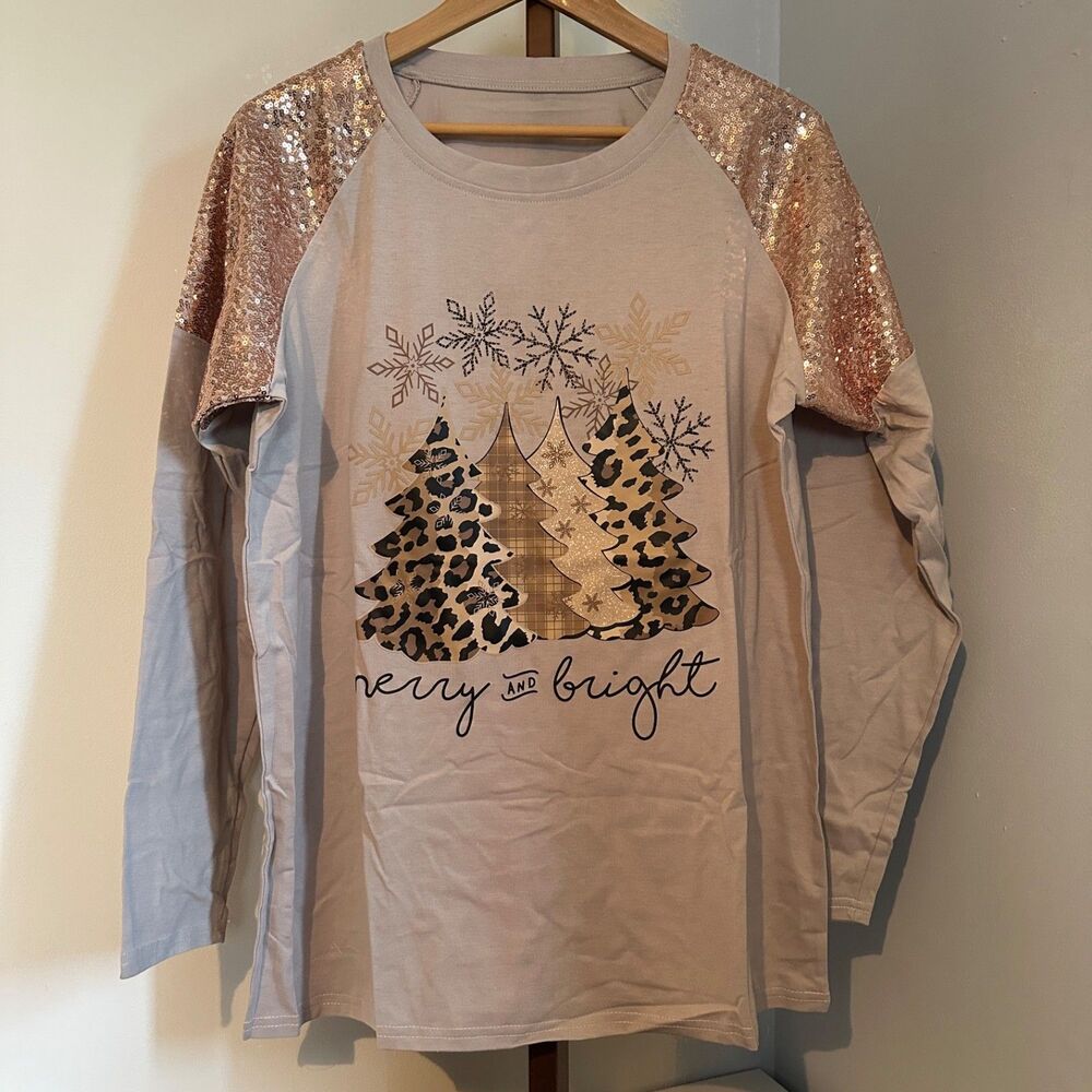 Women's "Merry and Bright" Christmas Trees Sequin Shoulder Long Sleeve Top XL